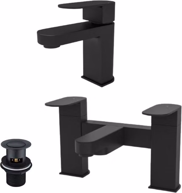 Nes Home Kevon Matte Black Single Lever Mono Basin Mixer, Bath Filler and Pop Up Waste Set