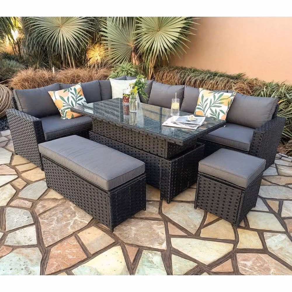 Furniture Maxi Barcelona 9 Seater Black Rattan Garden Dining Set with Height Adjustable Rising Table – 1