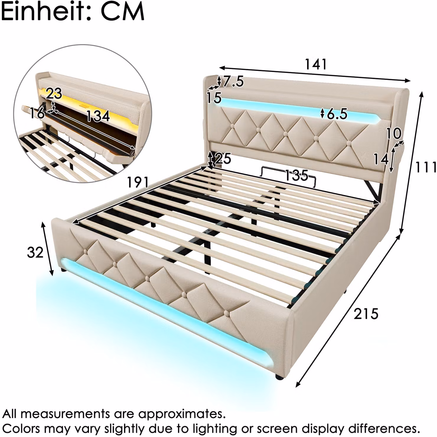 AKA Double Linen Hydraulic Storage Bed with LED Lighting and USB-C Charging Port in Beige, W/D/H: 140 x 200 cm – 3