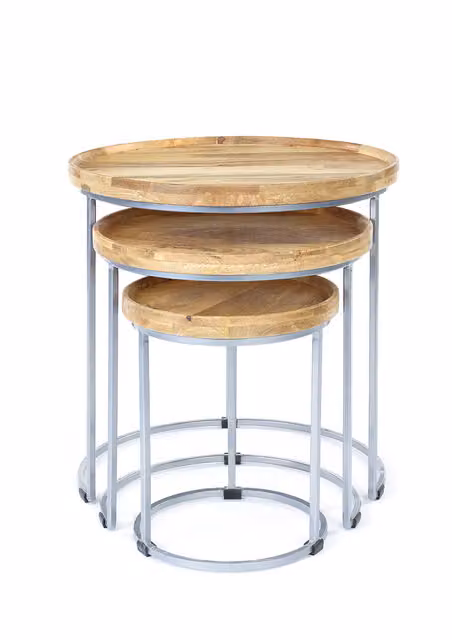 Elm Home And Garden Nest of Three Round Mango Wood Tables in Brown