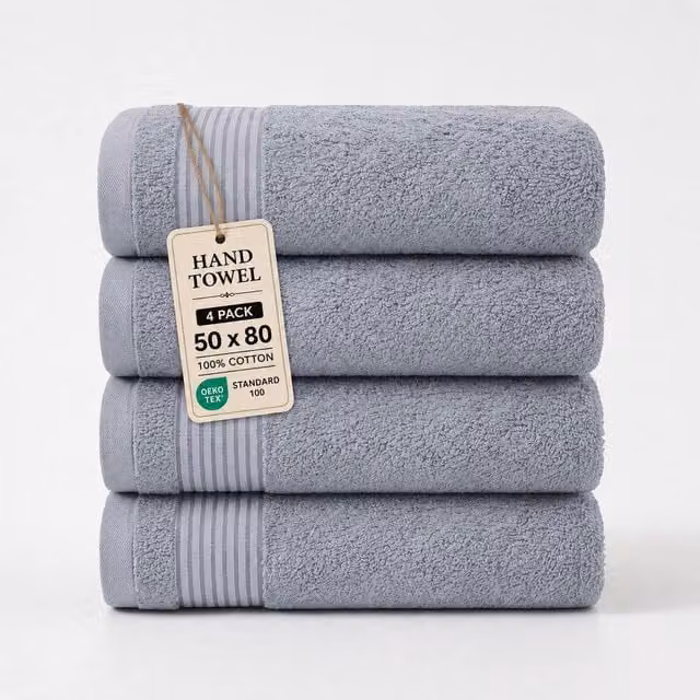 Grace Premium Fluffy Cotton Hand Towels, 500 GSM, 4 Pack, Grey