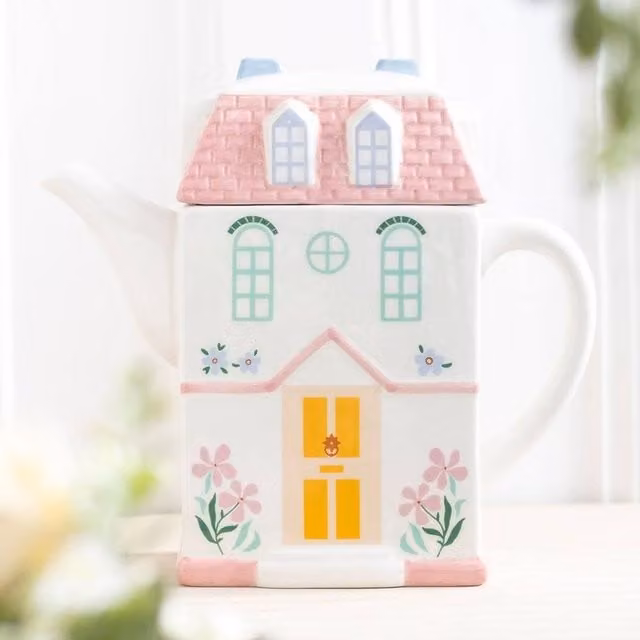 Uniqueful Multicolour Floral Ceramic House Shaped Teapot, 1.3 l