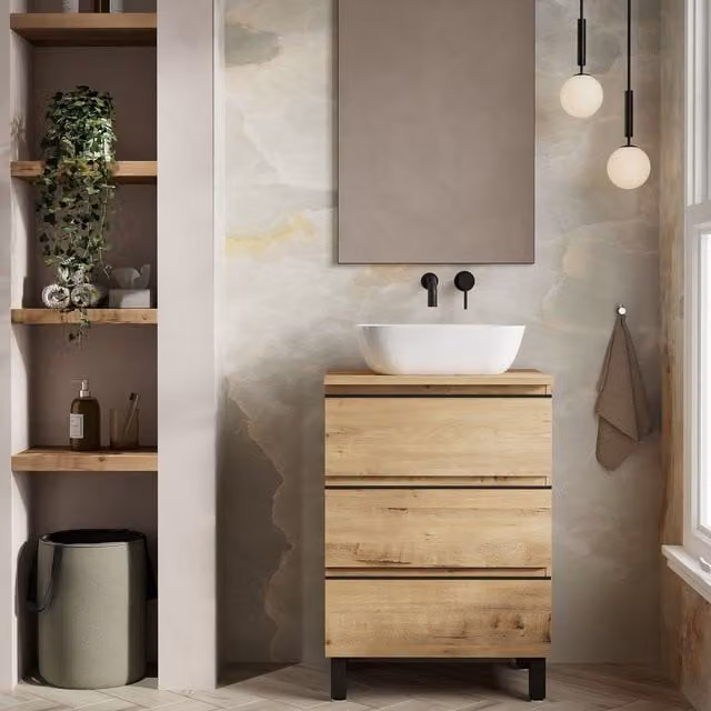 Banyetti Vatilla 600mm Floorstanding Bathroom Vanity with Matching Worktop in Ostippo Light Oak (W: 60 cm, D: 45 cm, H: 84 cm) – 1