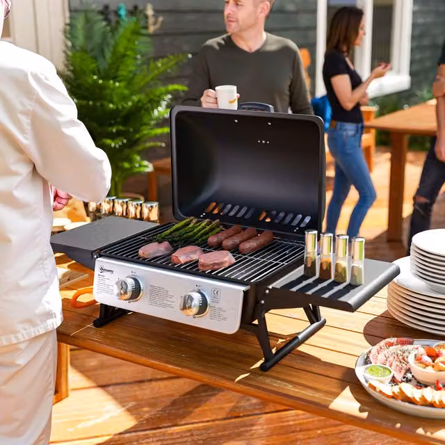 Outsunny Portable Tabletop Gas Barbecue Grill with Folding Tables, Black