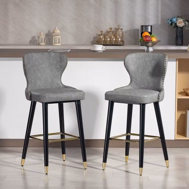 HOMCOM Set of 2 Modern Grey PU Leather Bar Stools with Backrest