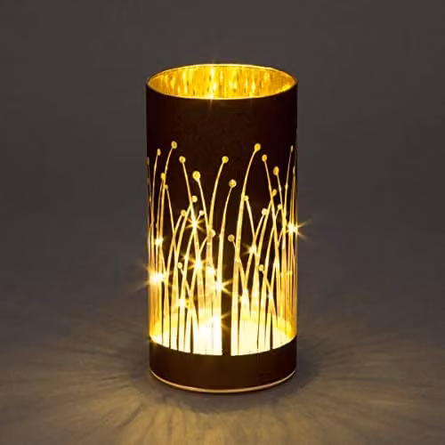 Shatchi Christmas Decorated Tabletop Vase Lamp with Etched Glass Forest Scene in Red and Copper, Height: 20 cm