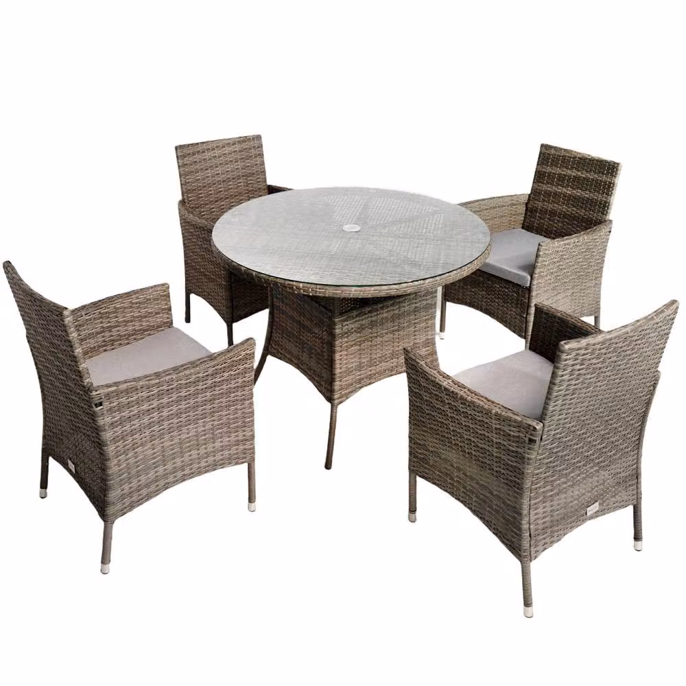RayGar 5-Piece Grey Rattan Dining Set with Round Glass Top Table and 4 Chairs for Garden or Terrace – 2