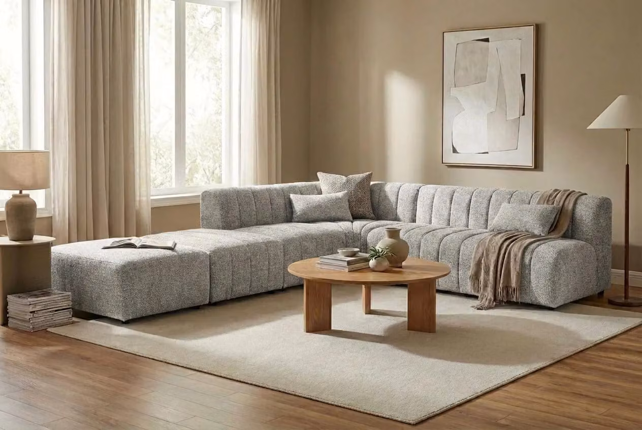 Araco Atelier Leo L-Shape Corner Sofa in Beige or Grey Fabric with Scatter Cushions