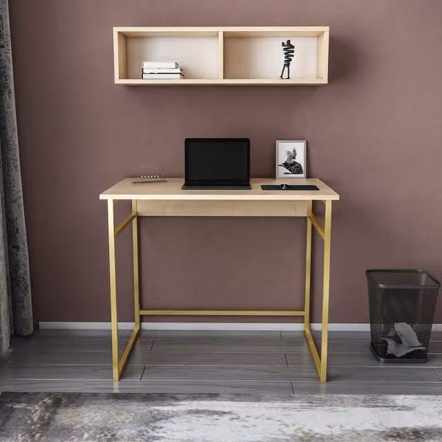 Decorotika Hussum Modern Computer Desk in Gold and Oak