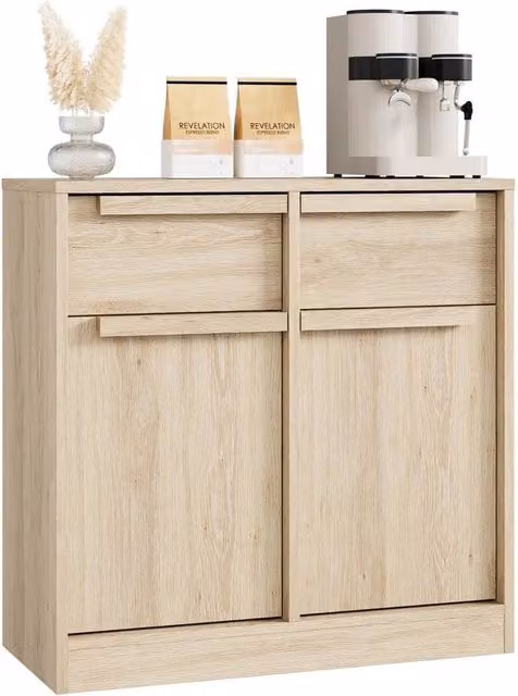 VOGREX Wooden Large Sideboard Storage Cupboard with 2 Doors and 2 Drawers in Light Oak Brown