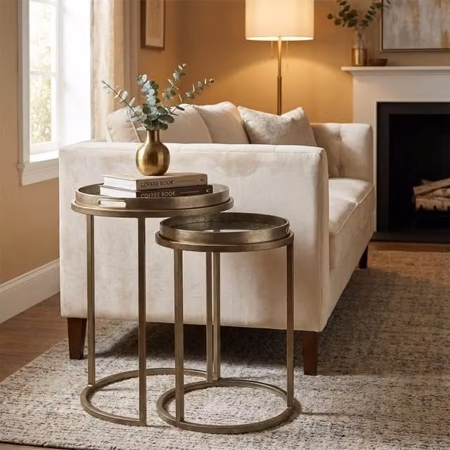 Maison Des Cadeaux Set of 2 Round Nesting Tray Side Tables in Silver