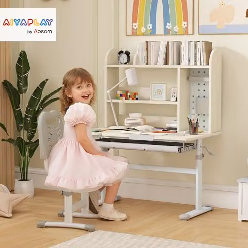 AIYAPLAY Height Adjustable Kids Desk with Tilting Top for Ages 3-12 Years, Beige and White – 2
