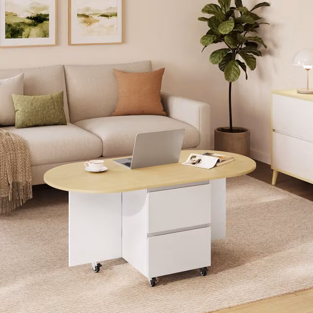 Yaheetech Expandable Coffee Table with Storage and Castors, White and Oak