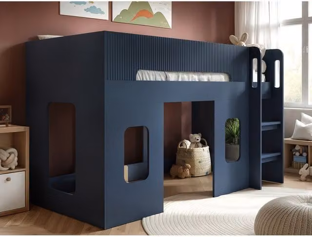 Flair Lino Playhouse Mid Sleeper Bed for Children in Blue and White, W/D/H: 90 x 190 cm