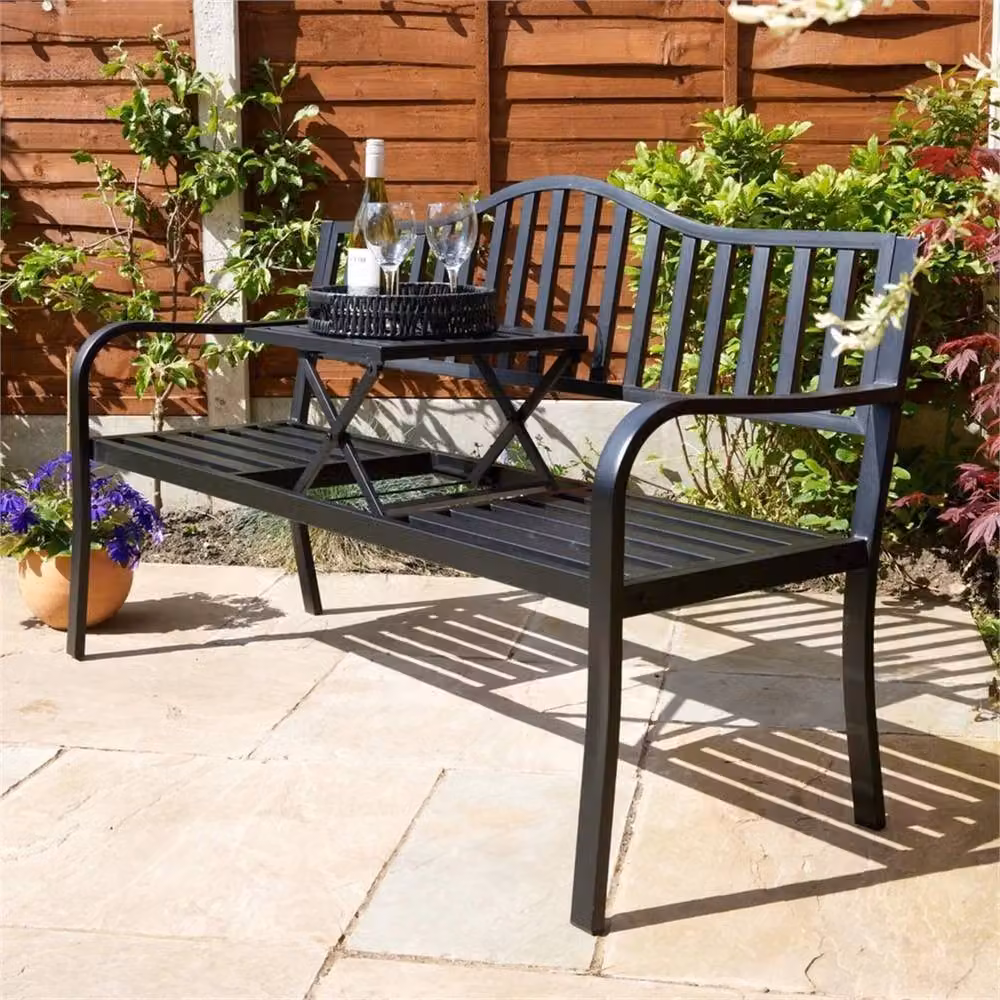 KORVIXA Black Garden Bench Loveseat 2 Seater with Table, W: 150 cm, D: 60 cm – 2