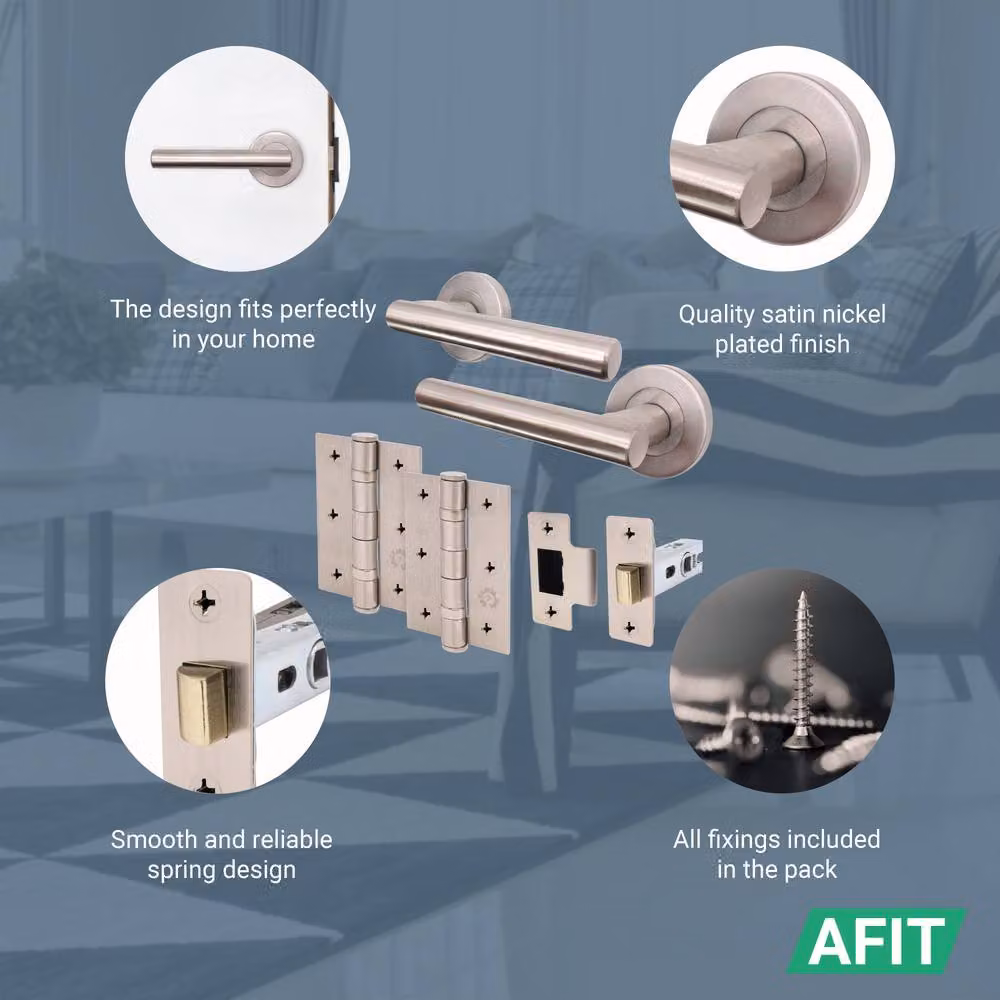 AFIT Silver Satin T-Bar Door Handles with Round Rose and Latch Hinges, 3 Pack – 2