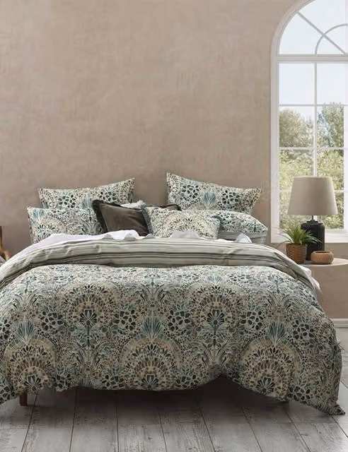 MM Linen Andora Green Mix Pure Cotton Sateen Bedding Set with Duvet Cover and Pillowcase, W: 140 cm, L: 200 cm
