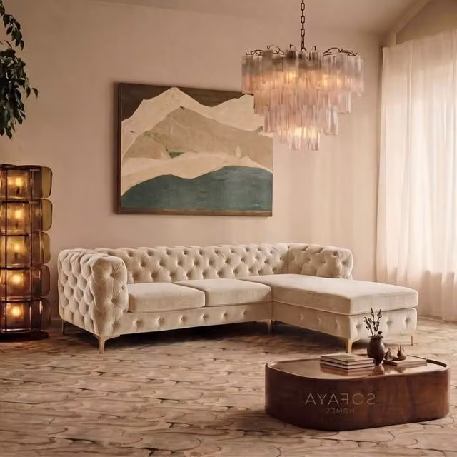 Sofaya Monaco Chesterfield 3 Seater L-Shaped Sofa with Right Hand Chaise in Beige Velvet – 1