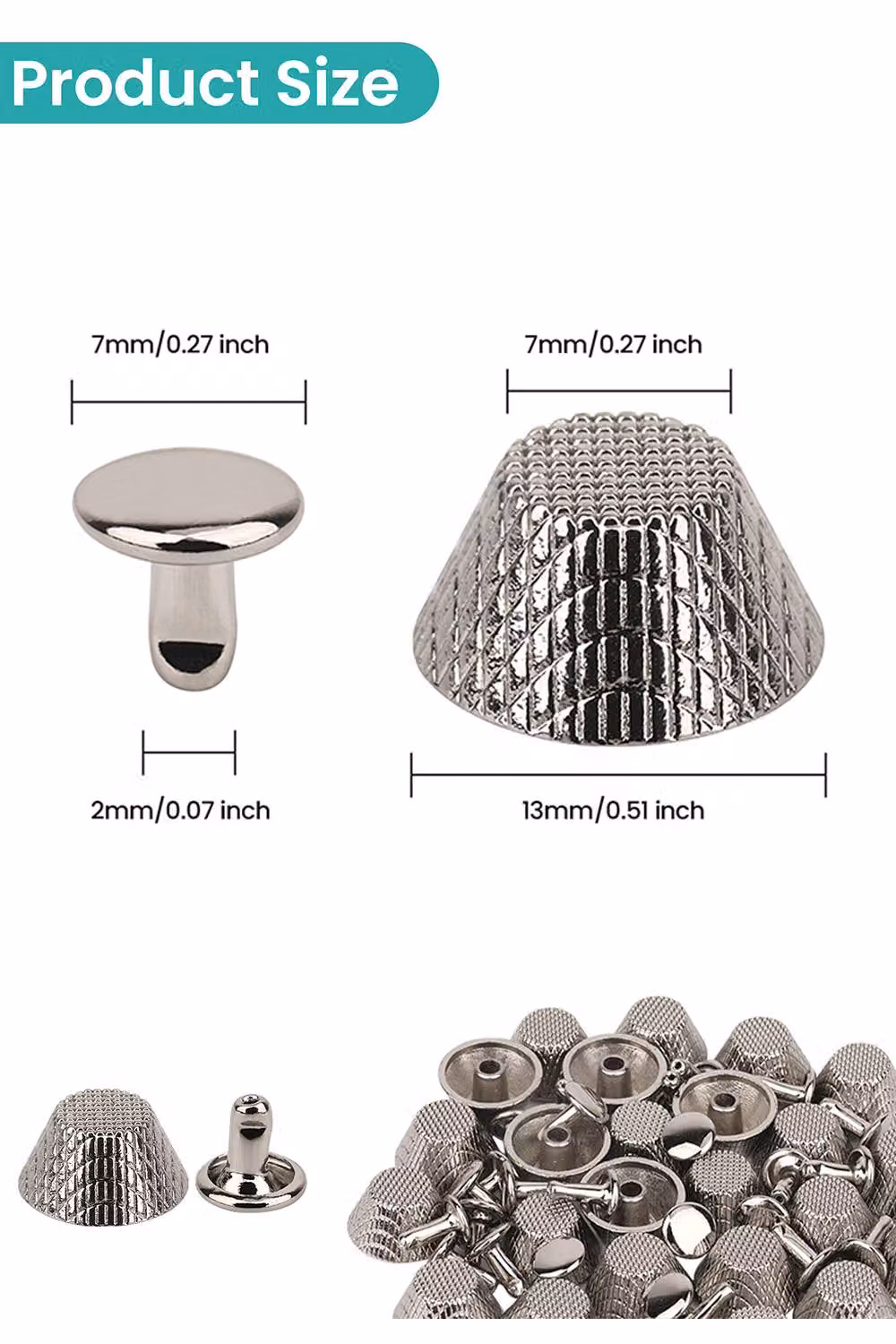 Neel Blue Silver Etched Mushroom Bag Feet Rivets with 9mm Tubular Studs, 14mm, 25pcs – 2