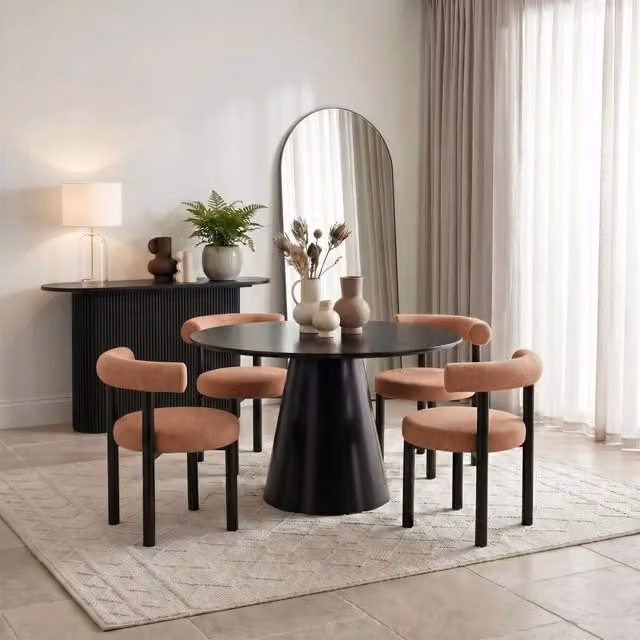Furniturebox UK Palma Round Black Semi Gloss Dining Table and 4 Isola Chairs in Terracotta