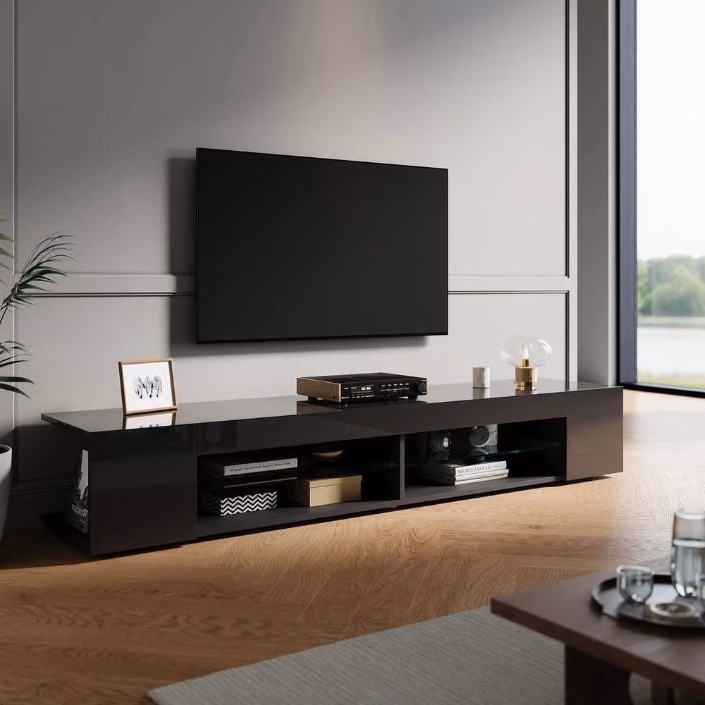 EONLION Modern High Gloss Black MDF TV Stand Cabinet with Media Compartments, Width: 100 cm – 2