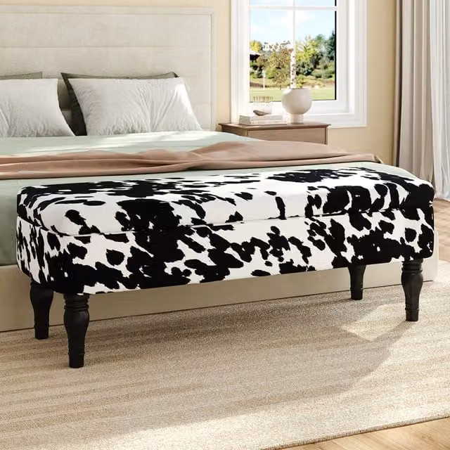 Livingandhome Modern Velvet Upholstered Storage Bench Seat in White and Black