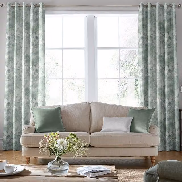 Laura Ashley Eglantine Silhouette Woven Made to Measure Blackout Floral Eyelet Curtain in Smoke Green