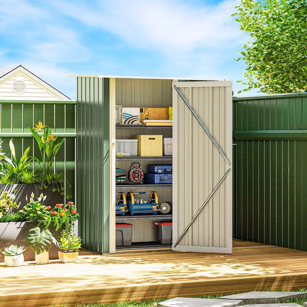 Rolipo Metal Garden Shed with Sloped Roof and Lockable Door, Green, W: 152.4 cm, D: 91.44 cm, H: 182.88 cm – 4
