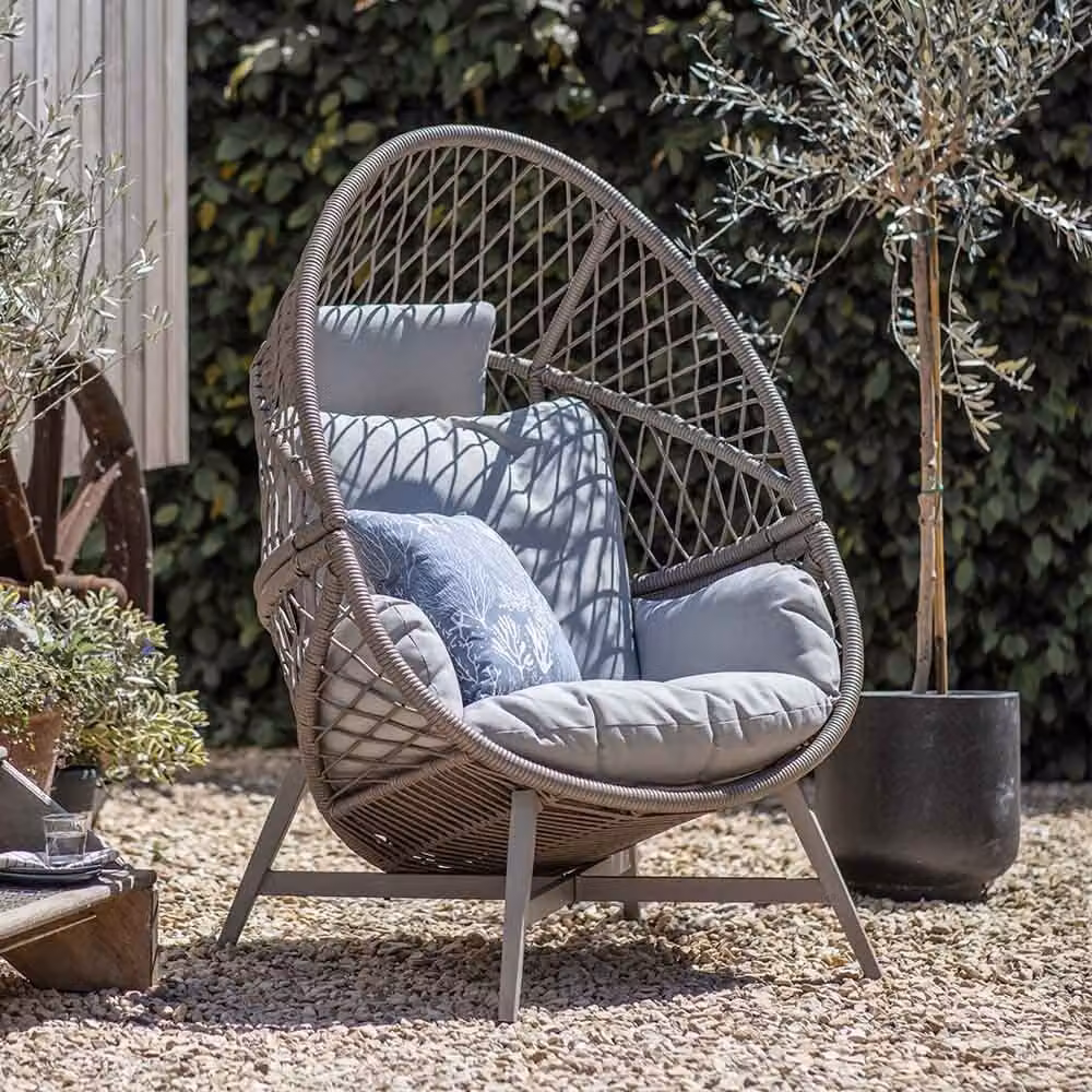 Leisure Grow Lauren Cocoon Chair in Sand and Grey Rattan with Metal Frame