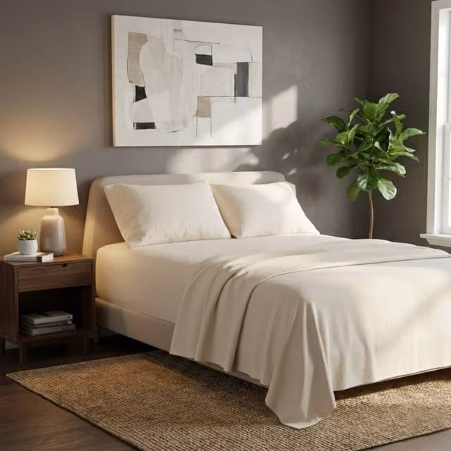 Snug City Plain Brushed Cotton Flannelette Fitted Sheet and Matching Pillowcase Set in Beige, Super King – 1