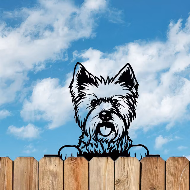 Betley Butterfly Peeking Dog Silhouette Fence Topper, West Highland Terrier, Black