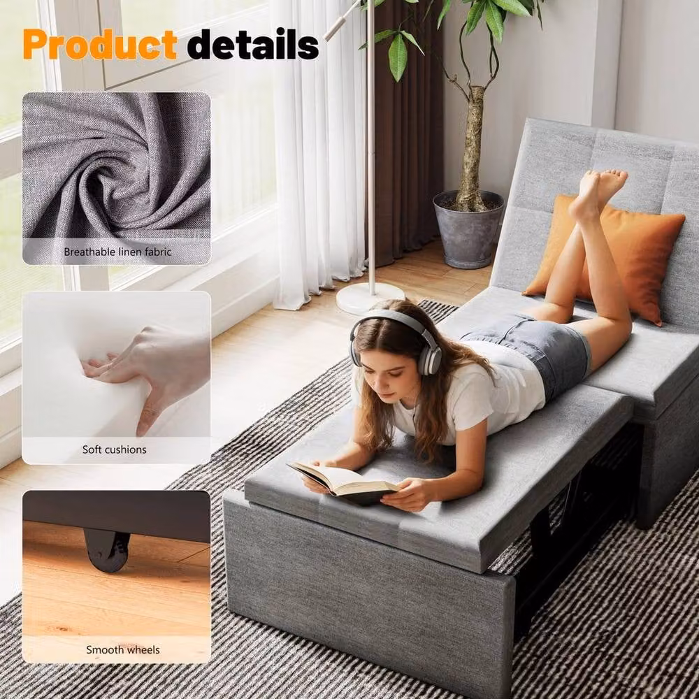 KORVIXA 4-in-1 Multifunction Folding Sofa Bed and Convertible Sleeper Chair in Grey, W/D/H: 100 x 100 x 100 cm – 4