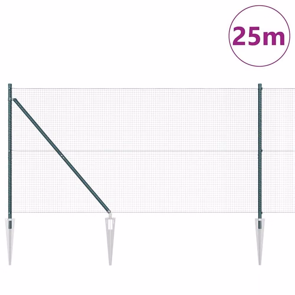 Berkfield Home Green Steel Welded Wire Fence with 13 Round In-Ground Spike Posts, W: 25 m, H: 1.2 m – 3