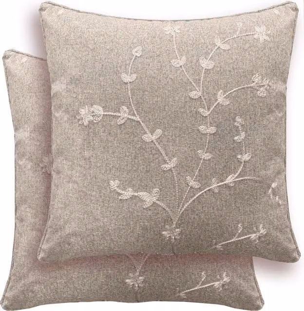 Enhanced Living Tivoli Floral Embroidery Pair of Square Cushion Covers in Grey and Beige, W/D/H: 43 x 43 x 43 cm