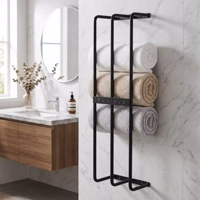 STILVORA Wall-Mounted Metal Towel Holder with 6-Towel Storage in Black – 1