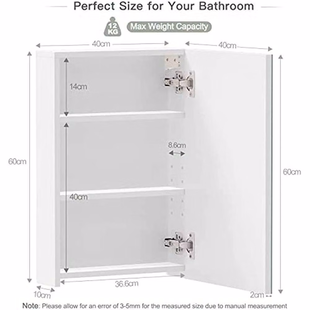 NESTLUNE White Single Door Mirrored Bathroom Storage Cabinet, W/D/H: 40 x 12 x 60 cm – 2
