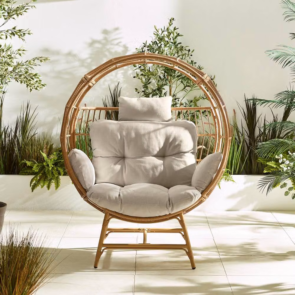 FurnitureboxUK Boca Rattan Cocoon Garden Egg Chair in Beige with Upholstered Fabric and Scatter Cushions – 2