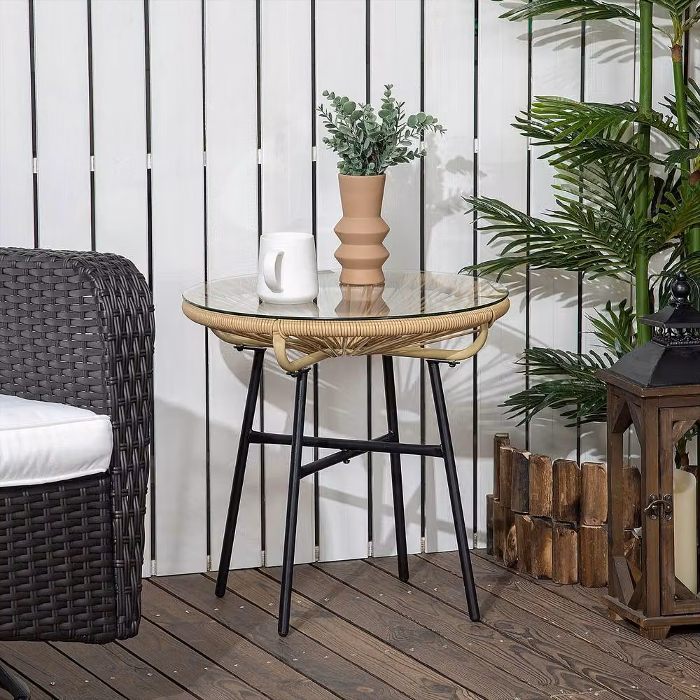 ERGOVEXA Modern Beige Polyrattan Garden Side Table with Glass Top – 3