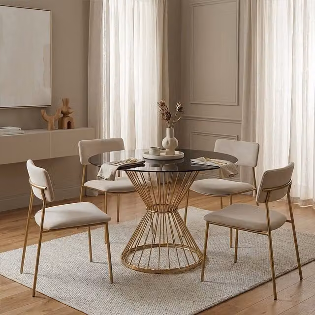 Orsina Anzio Round Black Glass Top and Gold Hourglass Base Dining Table – 2