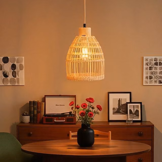 Livingandhome Modern Brown Bamboo Woven Dome Pendant Light, Diameter: 18 cm