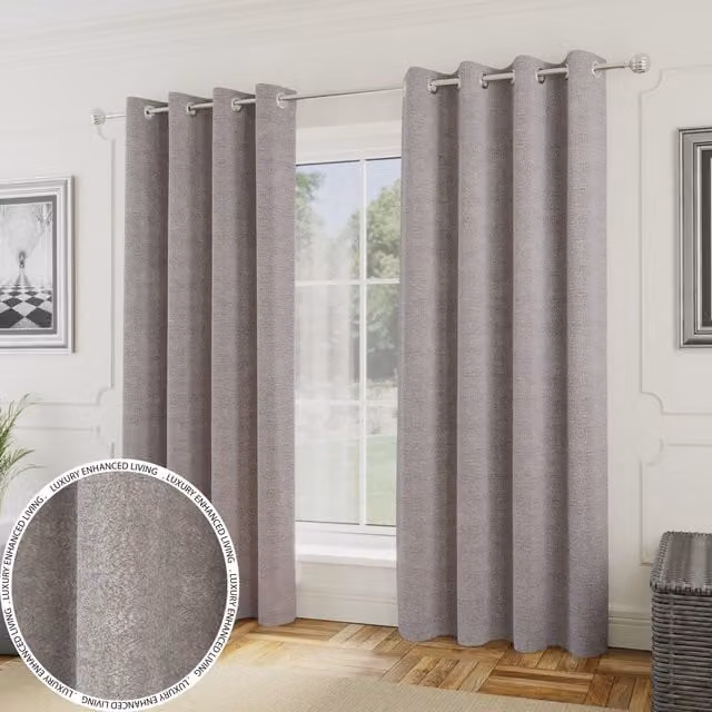 Enhanced Living Silver Boucle Thermal Room Darkening Eyelet Curtains, Width: 168 cm, Drop: 229 cm