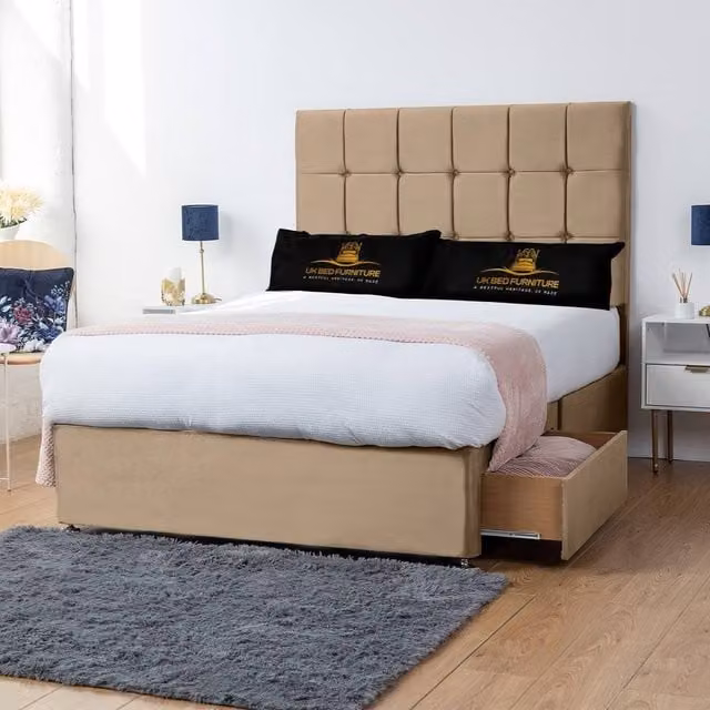 UK Bed Furniture Florence Divan Bed with 2 Drawers and 26 Inch Headboard in Beige, Double, W/D/H: 140 x 200 cm