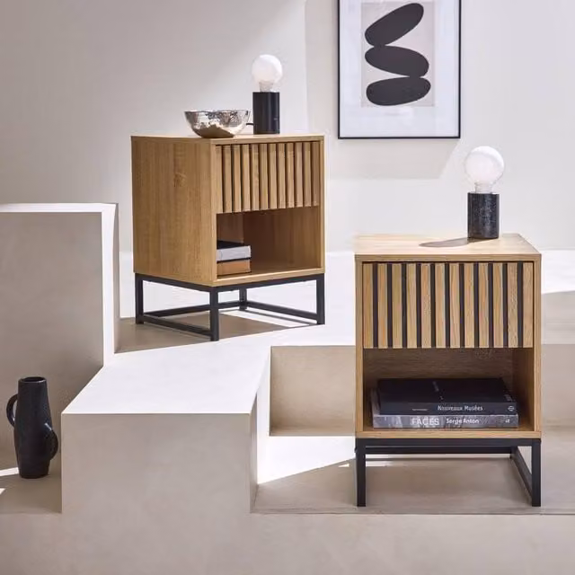 sweeek Pair of Contemporary Bedside Tables in Light Brown with Wood and Metal Decor, W/D/H: 40 x 40 x 55 cm