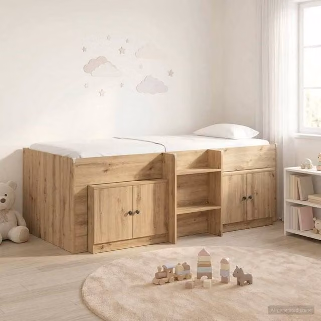 Berkfield Home Loft Bed Frame with Cabinet and Side Compartments in Artisan Oak Brown Engineered Wood – 1