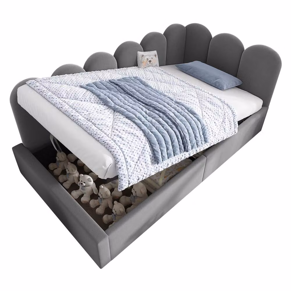 ModernLuxe Upholstered Velvet Daybed with Hydraulic Storage and Sofa Function in Grey, W/D/H: 90 x 190 x 76 cm – 6