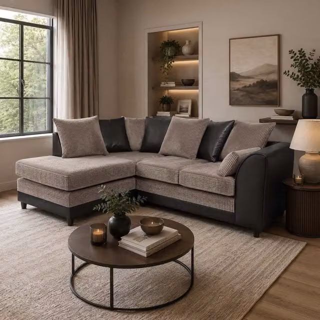 Furnishings For Less UK Luca 3-4 Seater L Shaped Corner Sofa in Black and Grey with Fabric and Synthetic Leather Trim, Left Hand Facing