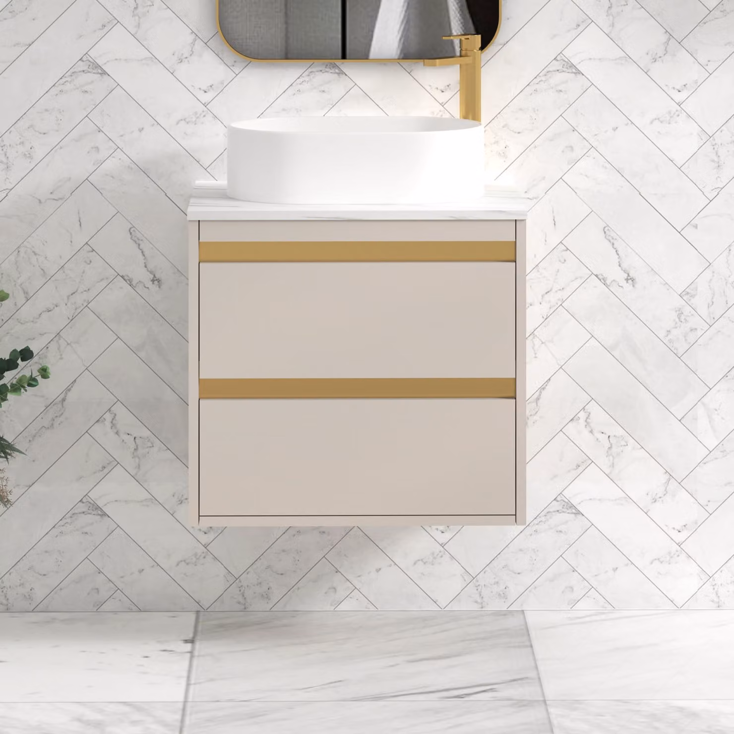 Royal Bathrooms Orion 800mm Warm Taupe Wall Hung Countertop Vanity Unit with 2 Drawers, Peak Basin and Brushed Brass Accent Trim