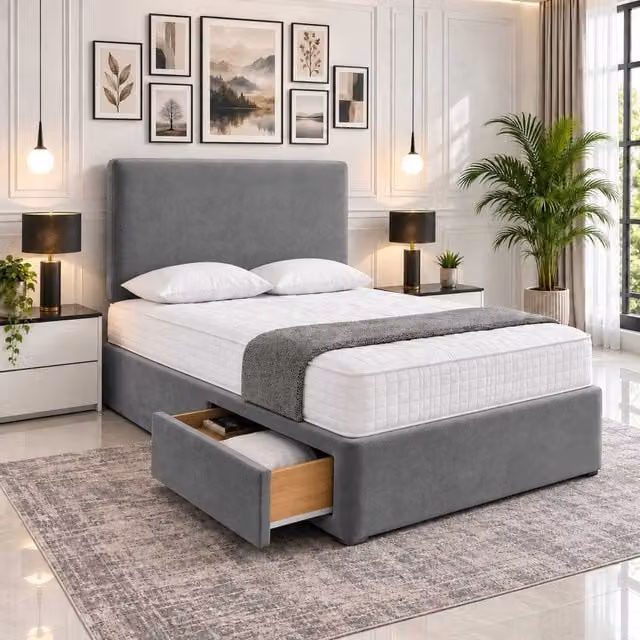 Velmora Grey Upholstered Fabric Divan Bed with Storage Drawers and Headboard