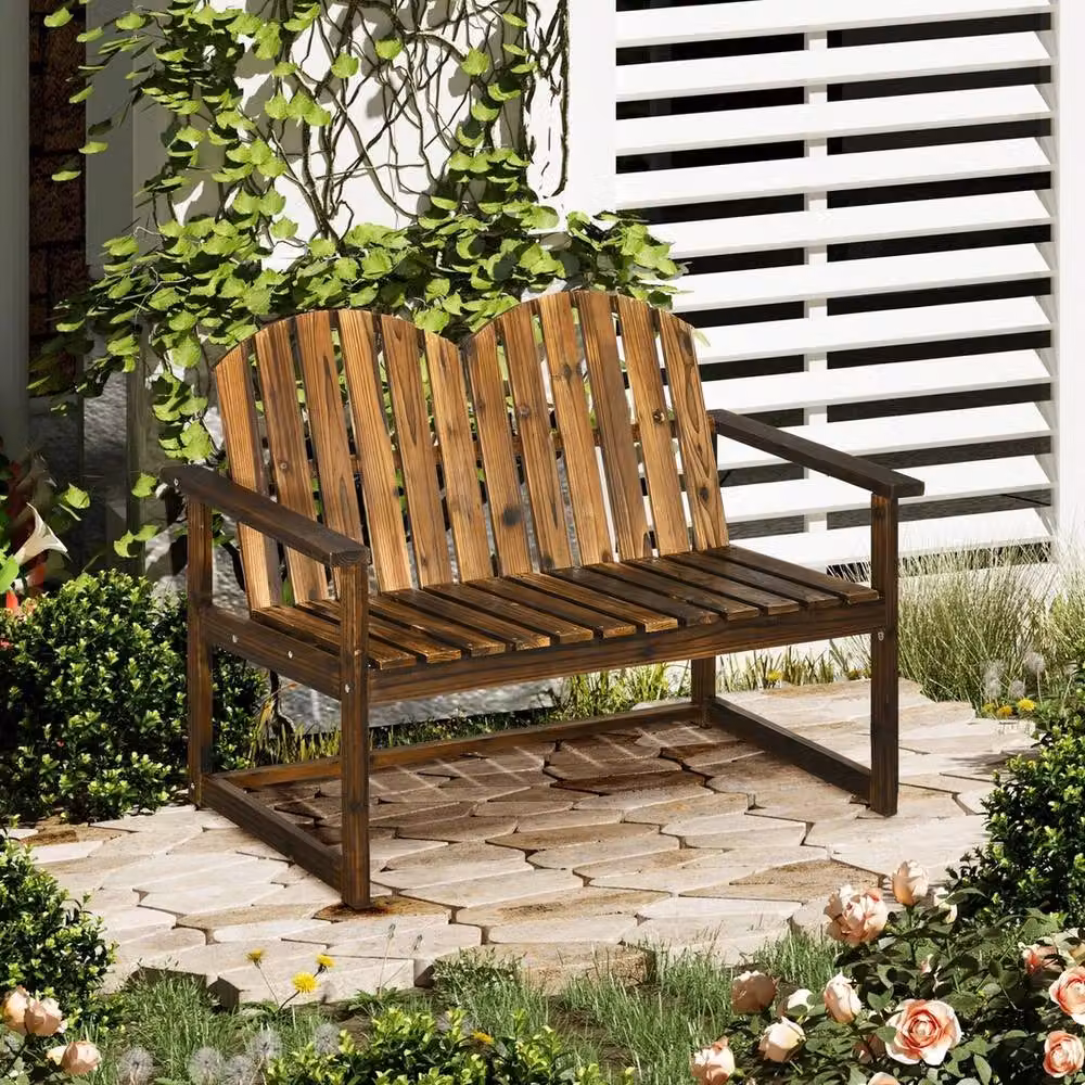 FORGEVIO Wooden Patio Loveseat Bench with Slatted Backrest in Brown, W/D/H: 114.0 x 63.0 x 86.0 cm – 3