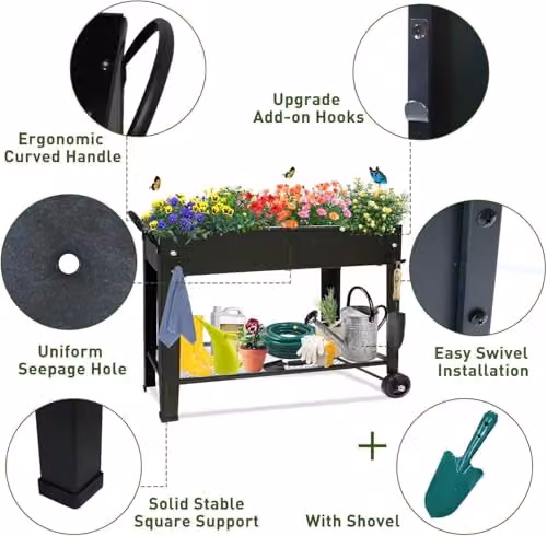 Huhote Metal Raised Garden Bed with Legs and Storage Shelf in Black, W/D/H: 101 x 28 x 80 cm – 4